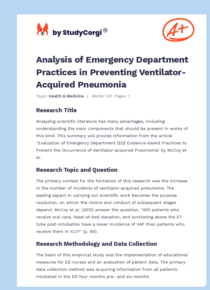 Analysis of Emergency Department Practices in Preventing Ventilator-Acquired Pneumonia. Page 1