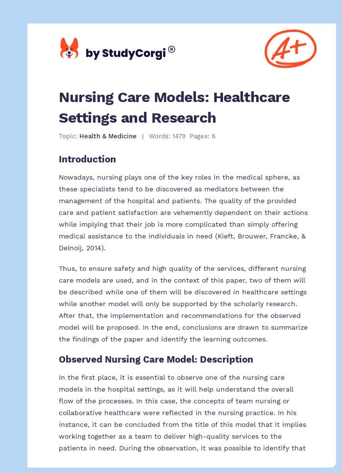 Nursing Care Models: Healthcare Settings and Research. Page 1