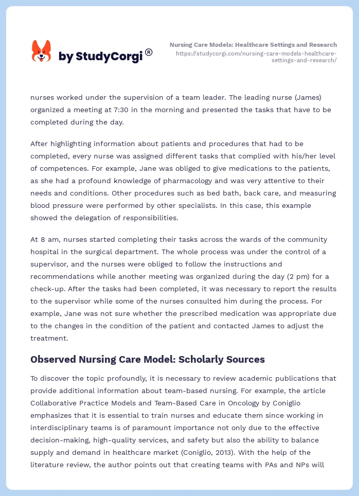 Nursing Care Models: Healthcare Settings and Research. Page 2