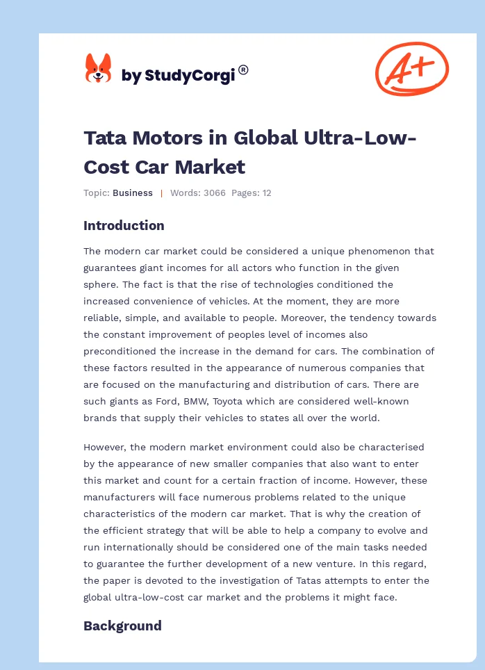 Tata Motors in Global Ultra-Low-Cost Car Market. Page 1