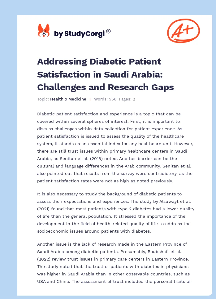 Addressing Diabetic Patient Satisfaction in Saudi Arabia: Challenges and Research Gaps. Page 1