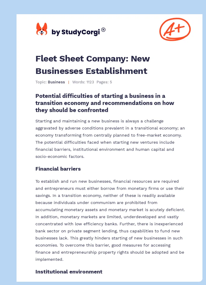 Fleet Sheet Company: New Businesses Establishment. Page 1