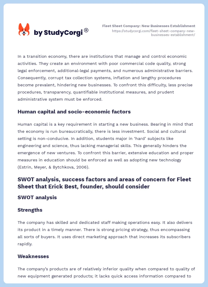 Fleet Sheet Company: New Businesses Establishment. Page 2