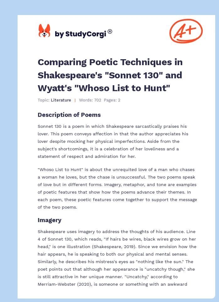 Comparing Poetic Techniques in Shakespeare's "Sonnet 130" and Wyatt's "Whoso List to Hunt". Page 1