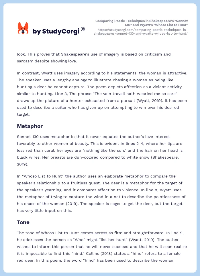 Comparing Poetic Techniques in Shakespeare's "Sonnet 130" and Wyatt's "Whoso List to Hunt". Page 2