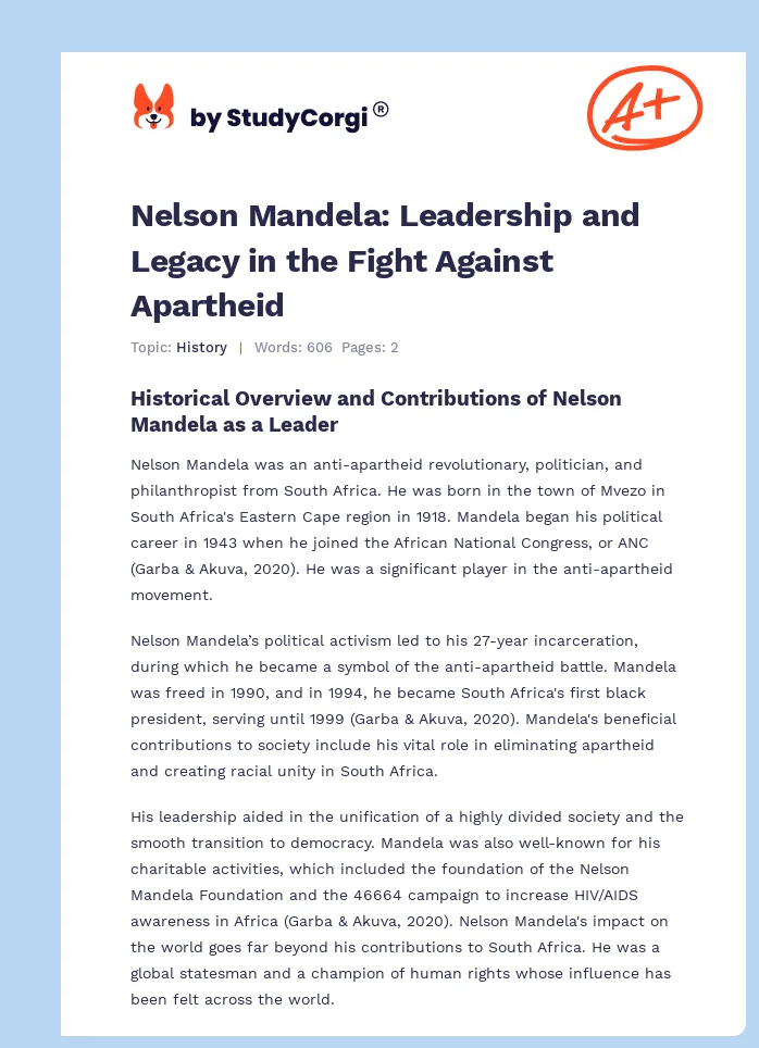 Nelson Mandela: Leadership and Legacy in the Fight Against Apartheid. Page 1