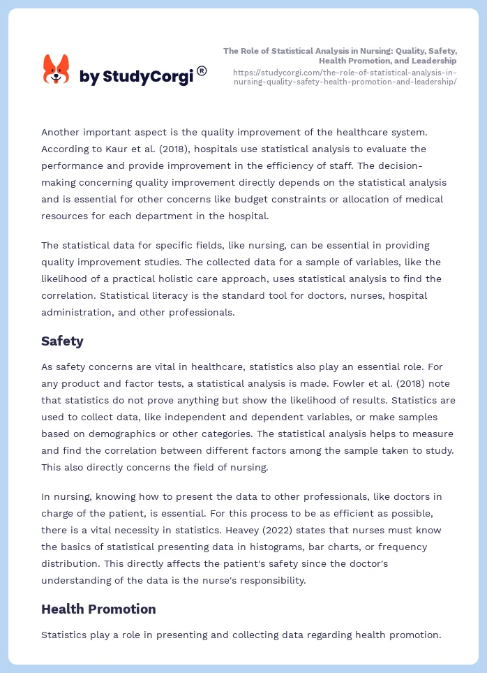 The Role of Statistical Analysis in Nursing: Quality, Safety, Health Promotion, and Leadership. Page 2