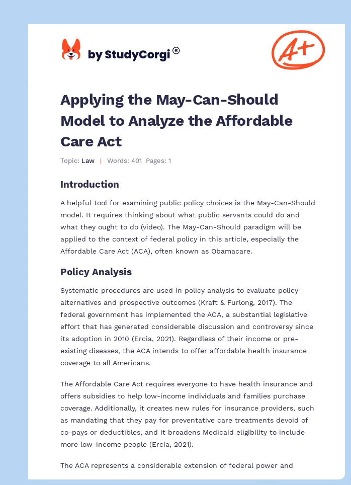 Applying the May-Can-Should Model to Analyze the Affordable Care Act. Page 1