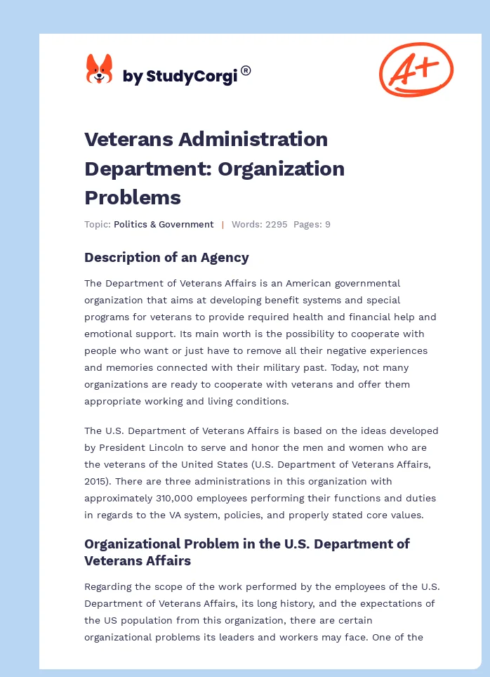 Veterans Administration Department: Organization Problems. Page 1