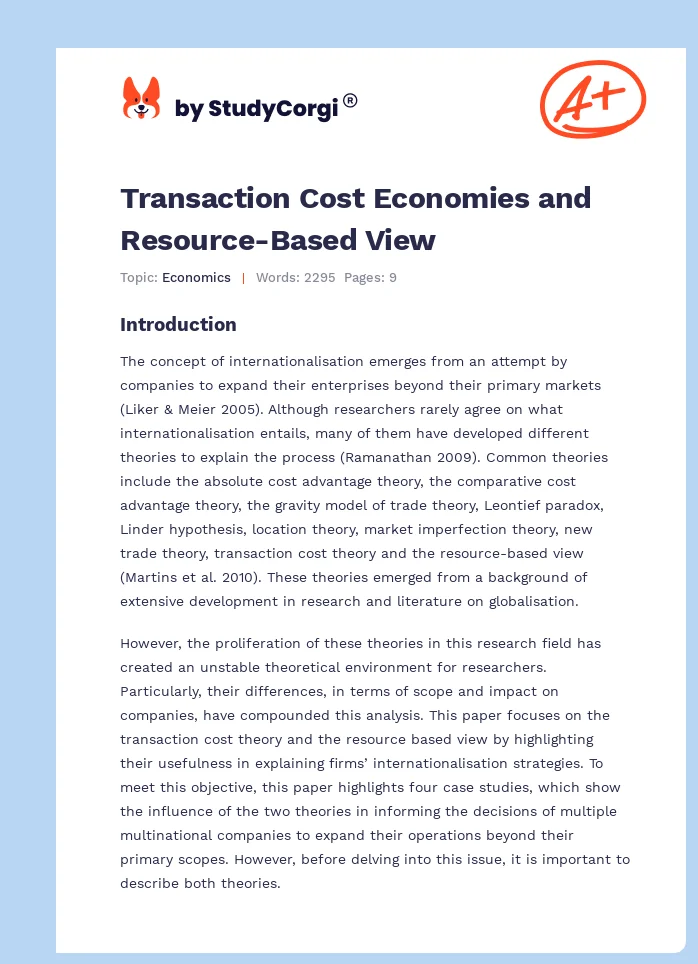 Transaction Cost Economies and Resource-Based View. Page 1