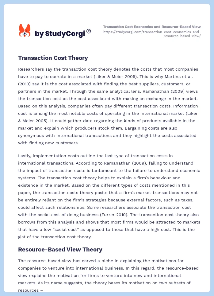 Transaction Cost Economies and Resource-Based View. Page 2