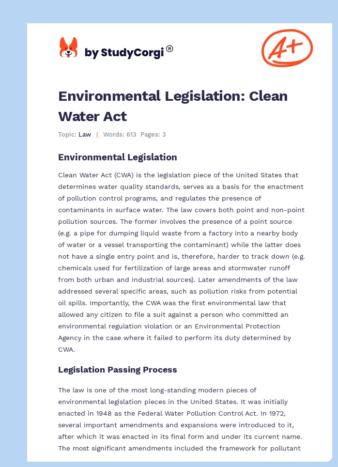 Environmental Legislation: Clean Water Act. Page 1