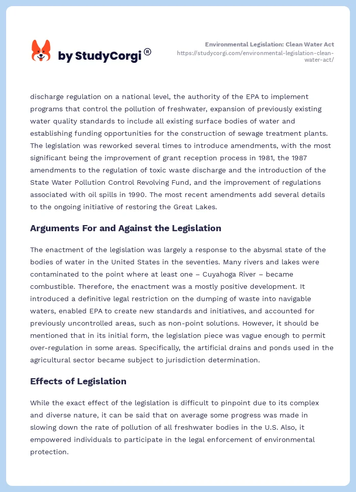 Environmental Legislation: Clean Water Act. Page 2