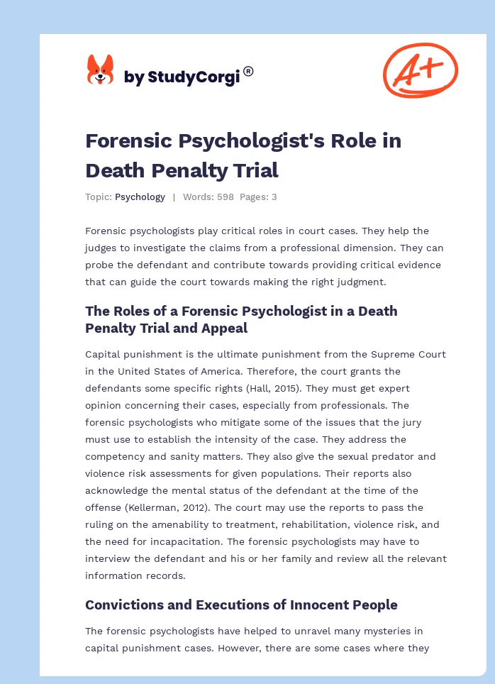Forensic Psychologist's Role in Death Penalty Trial. Page 1