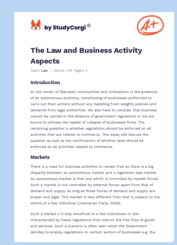 The Law and Business Activity Aspects. Page 1