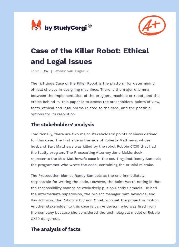 Case of the Killer Robot: Ethical and Legal Issues. Page 1