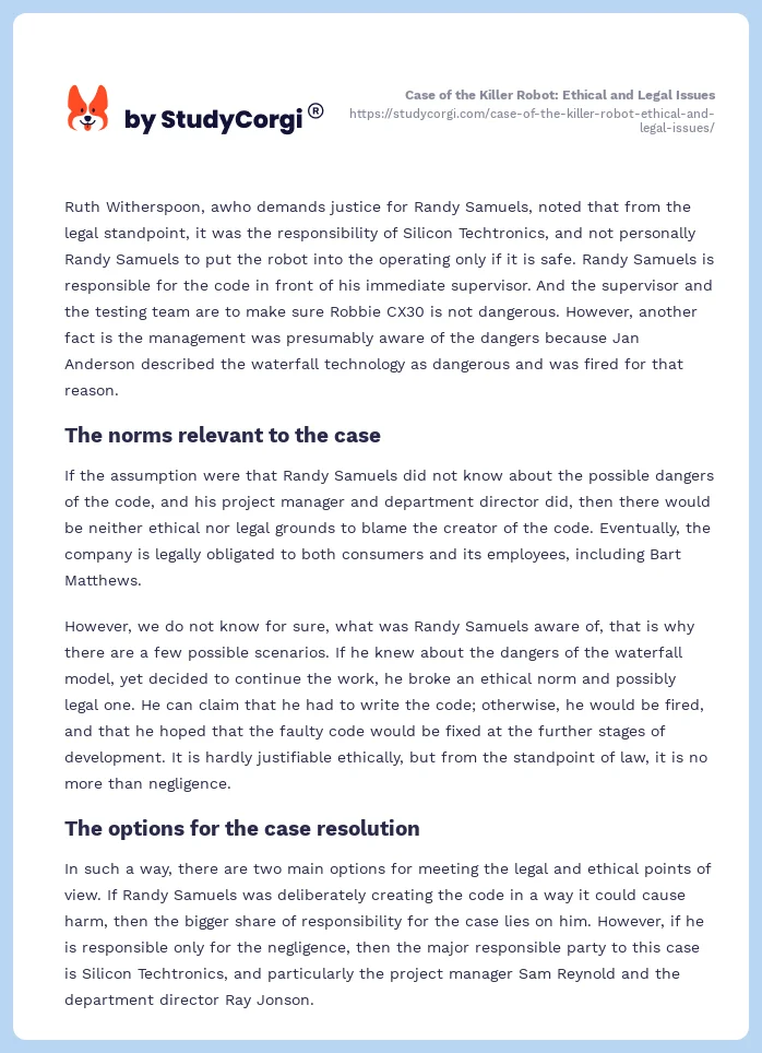 Case of the Killer Robot: Ethical and Legal Issues. Page 2