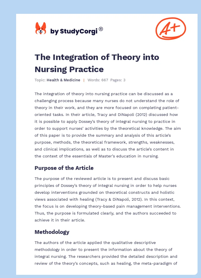 The Integration of Theory into Nursing Practice. Page 1