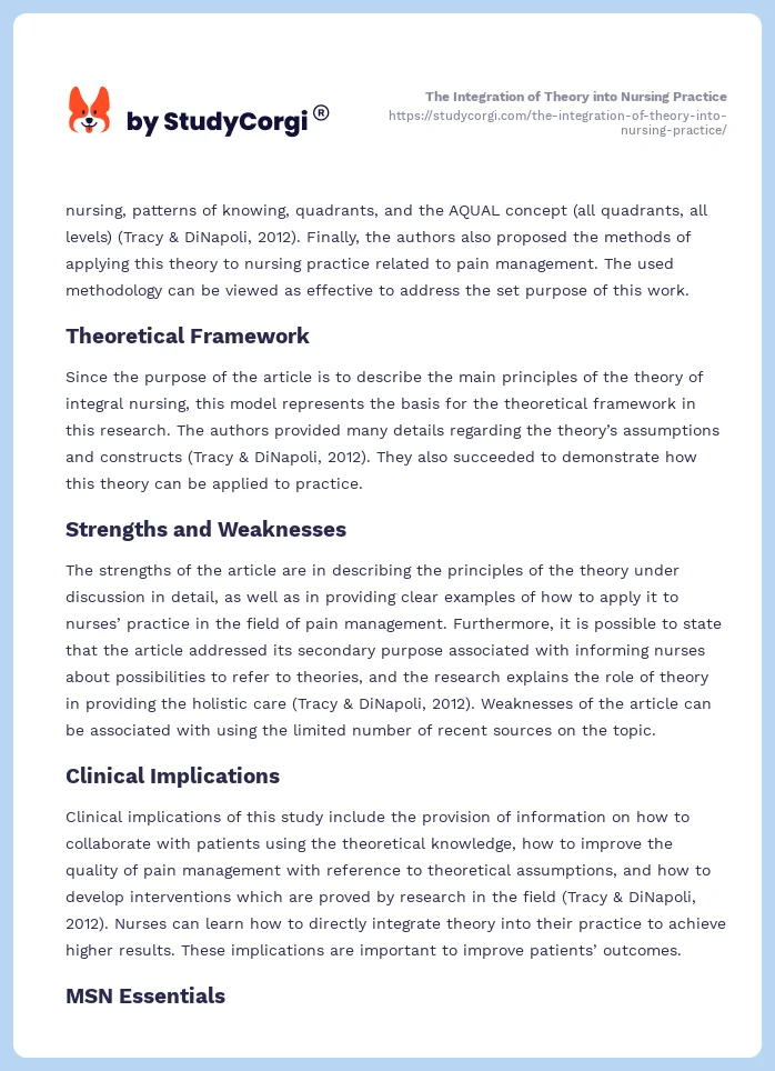The Integration of Theory into Nursing Practice. Page 2