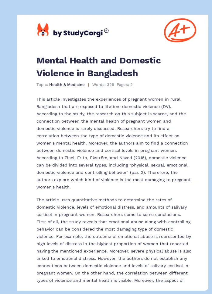 Mental Health and Domestic Violence in Bangladesh. Page 1