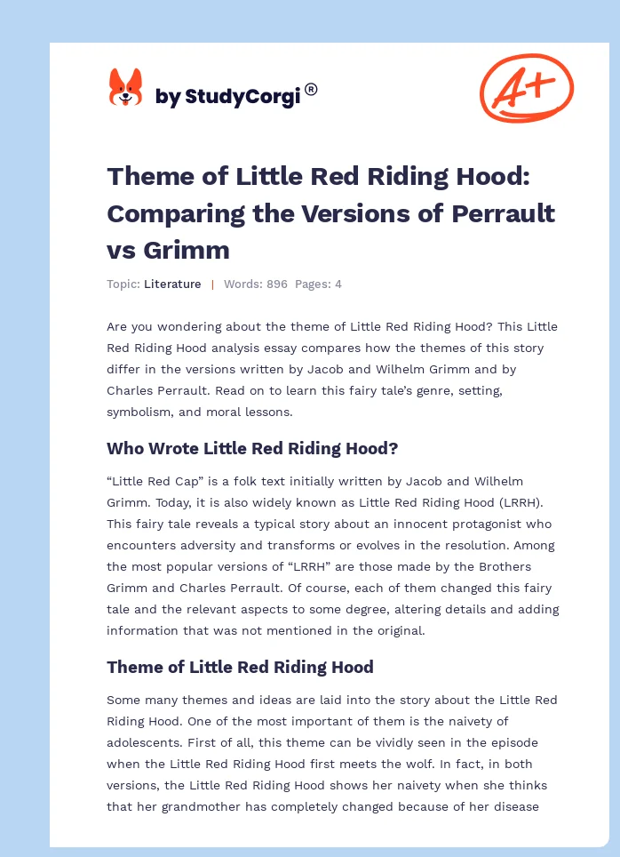 Theme of Little Red Riding Hood: Comparing the Versions of Perrault vs Grimm. Page 1