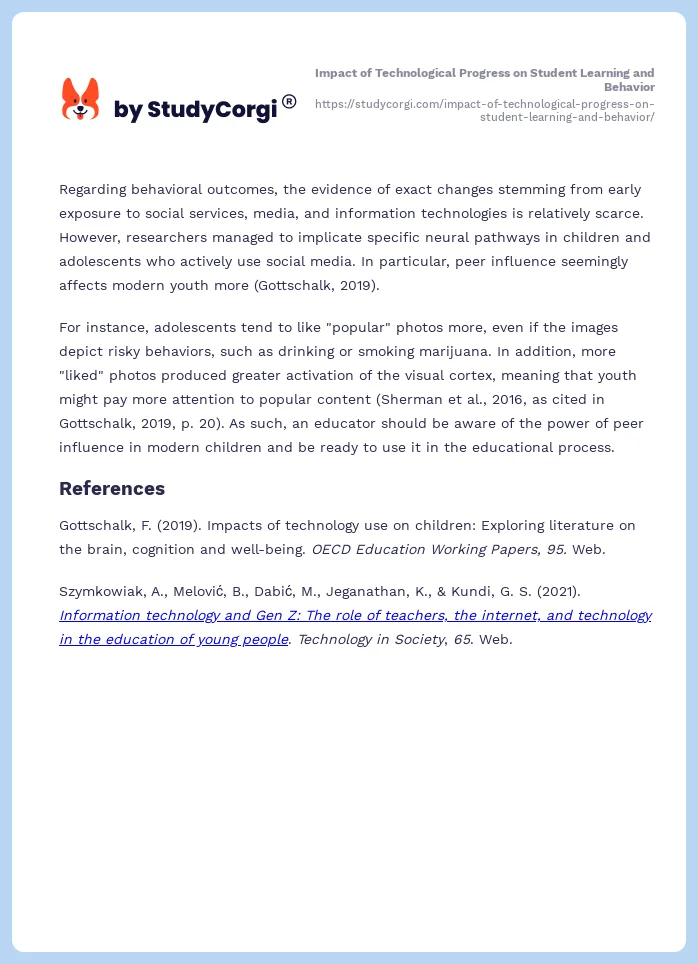 Impact of Technological Progress on Student Learning and Behavior. Page 2