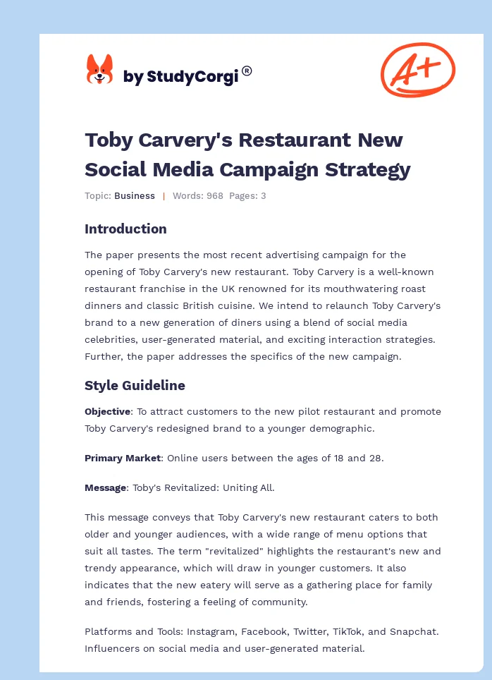 Toby Carvery's Restaurant New Social Media Campaign Strategy. Page 1