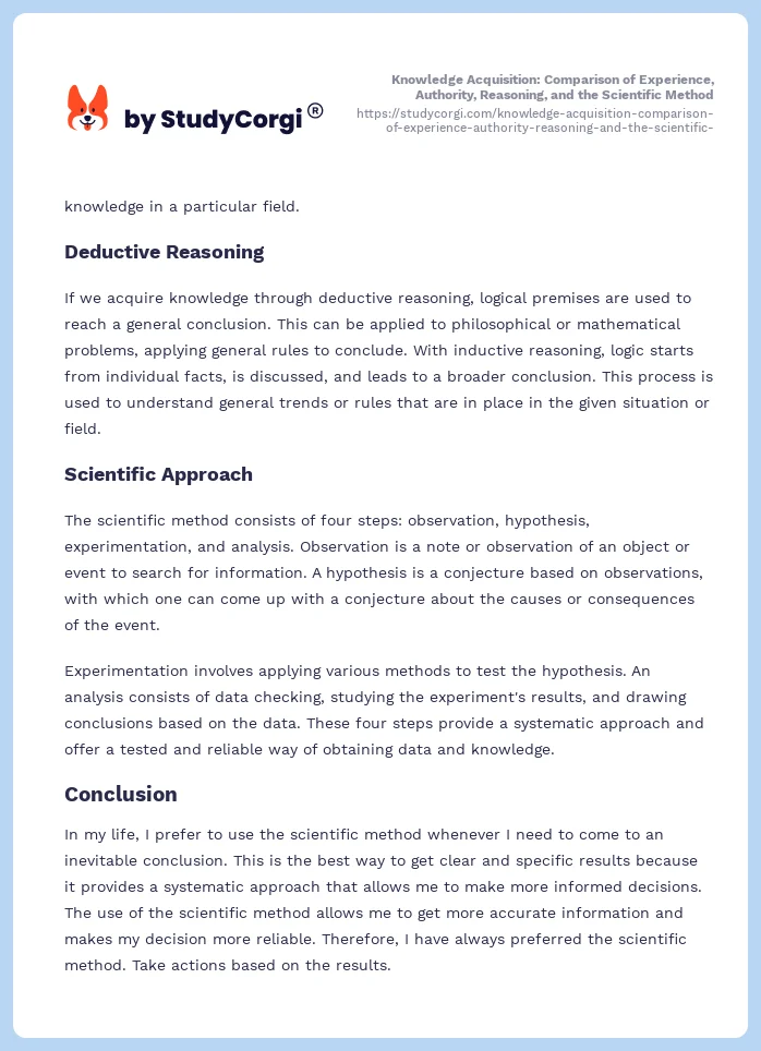 Knowledge Acquisition: Comparison of Experience, Authority, Reasoning, and the Scientific Method. Page 2