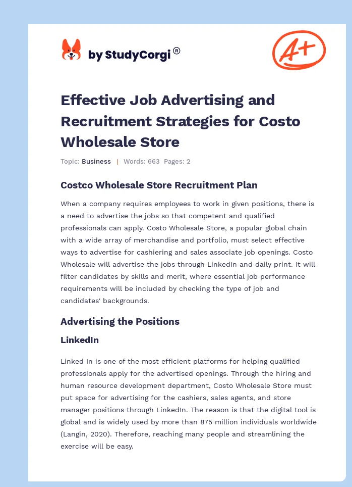 Effective Job Advertising and Recruitment Strategies for Costo Wholesale Store. Page 1