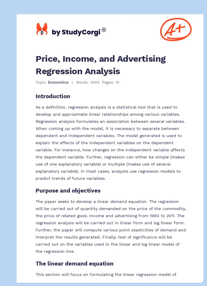 Price, Income, and Advertising Regression Analysis. Page 1