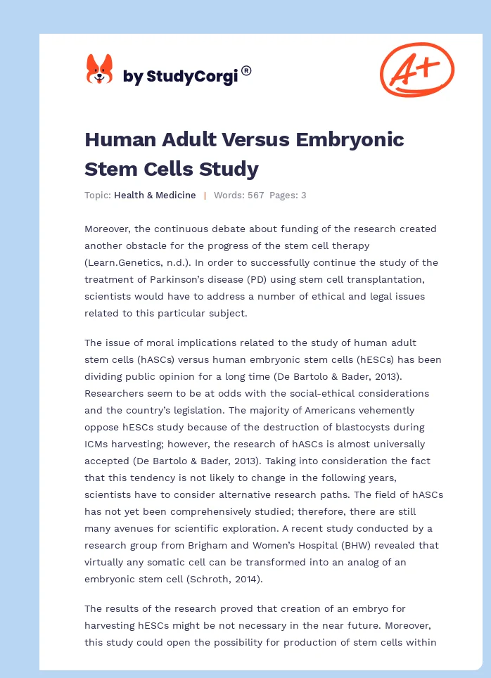 Human Adult Versus Embryonic Stem Cells Study. Page 1