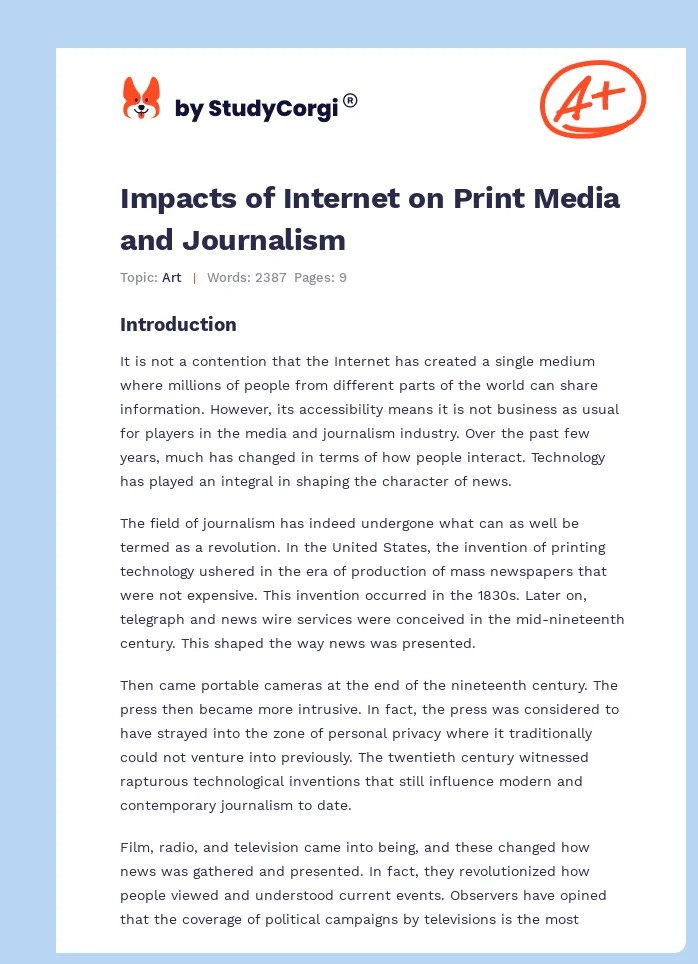 Impacts of Internet on Print Media and Journalism. Page 1
