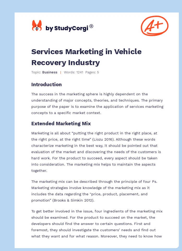Services Marketing in Vehicle Recovery Industry. Page 1
