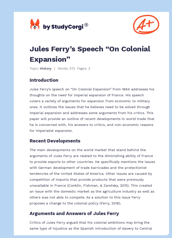 Jules Ferry’s Speech “On Colonial Expansion”. Page 1