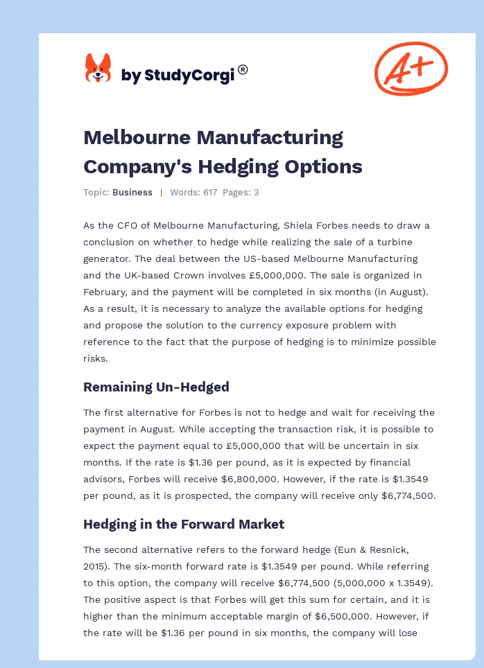 Melbourne Manufacturing Company's Hedging Options. Page 1