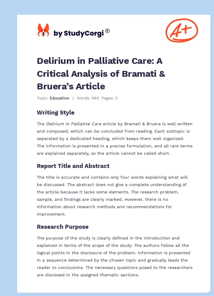 Delirium in Palliative Care: A Critical Analysis of Bramati & Bruera’s Article. Page 1