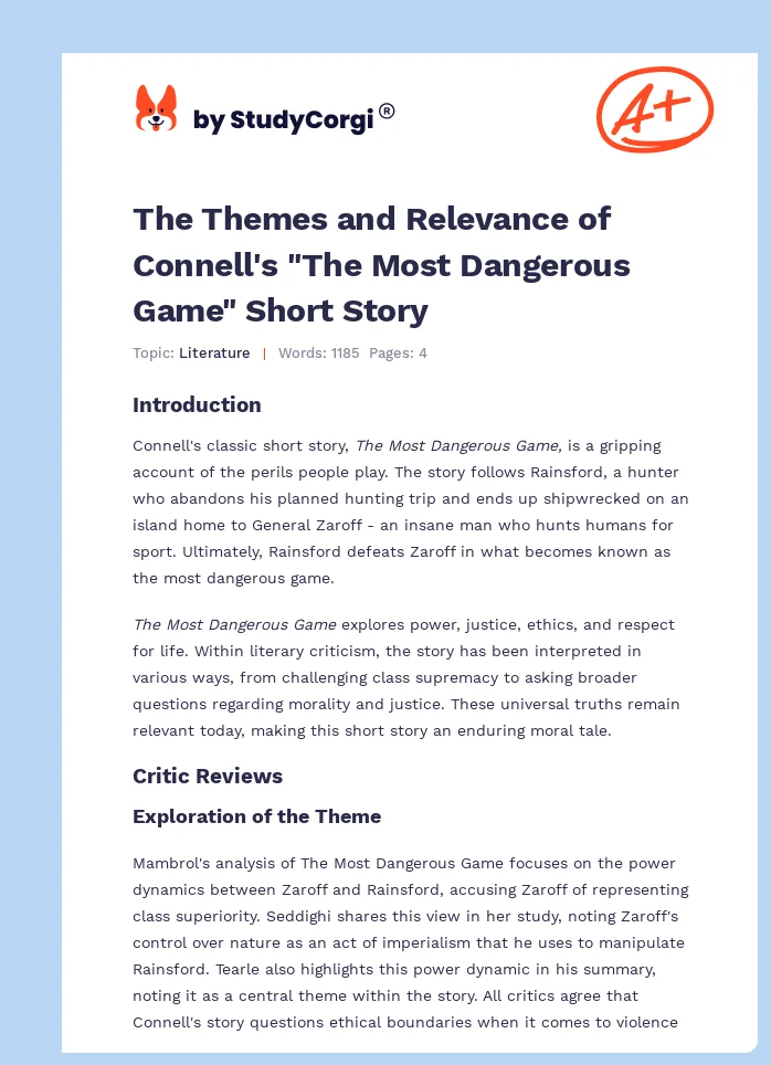 The Themes and Relevance of Connell's "The Most Dangerous Game" Short Story. Page 1