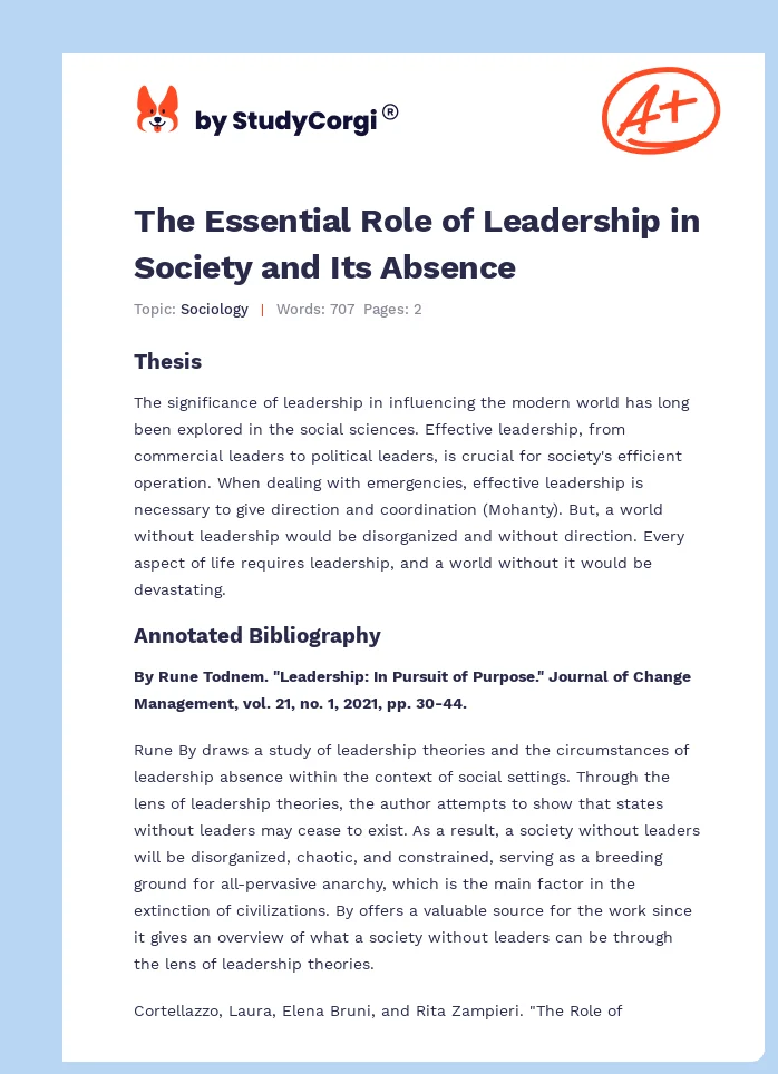 The Essential Role of Leadership in Society and Its Absence. Page 1