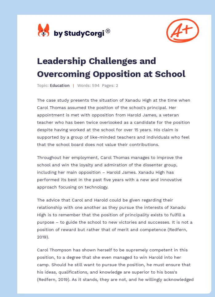 Leadership Challenges and Overcoming Opposition at School. Page 1