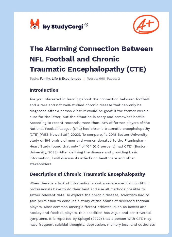 The Alarming Connection Between NFL Football and Chronic Traumatic Encephalopathy (CTE). Page 1