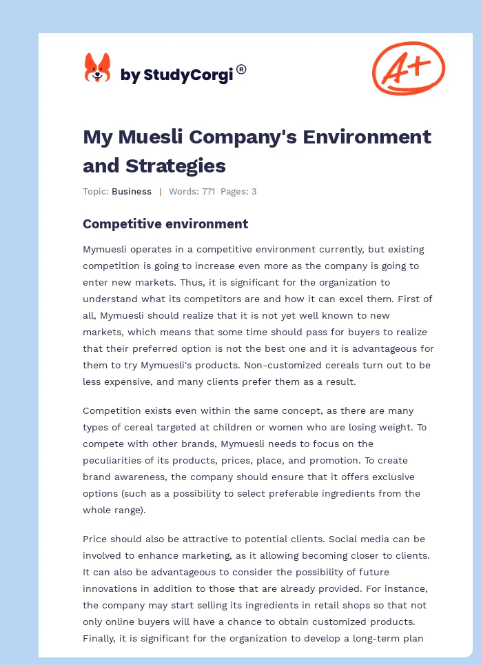 My Muesli Company's Environment and Strategies. Page 1