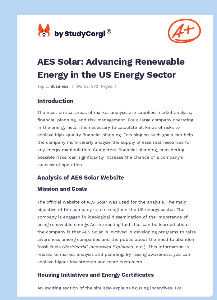 AES Solar: Advancing Renewable Energy in the US Energy Sector. Page 1