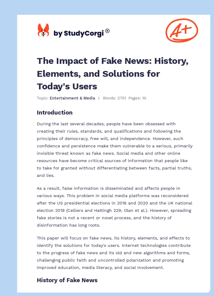 The Impact of Fake News: History, Elements, and Solutions for Today's Users. Page 1