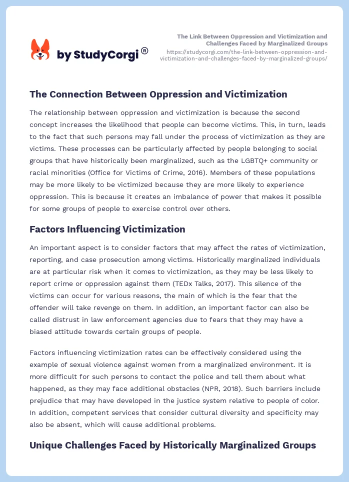 The Link Between Oppression and Victimization and Challenges Faced by Marginalized Groups. Page 2