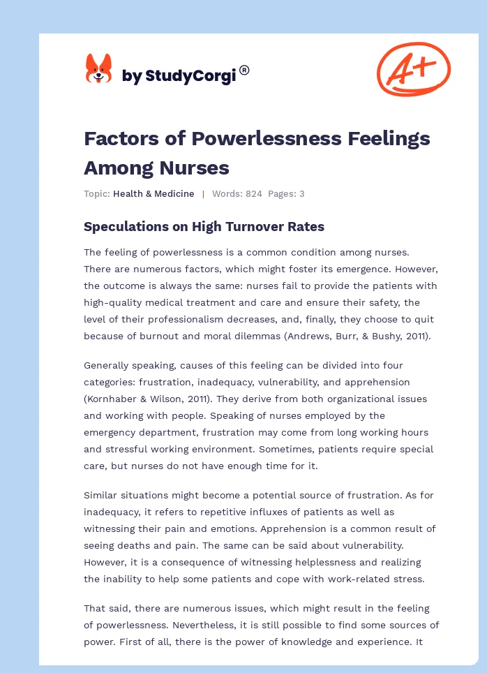 Factors of Powerlessness Feelings Among Nurses. Page 1