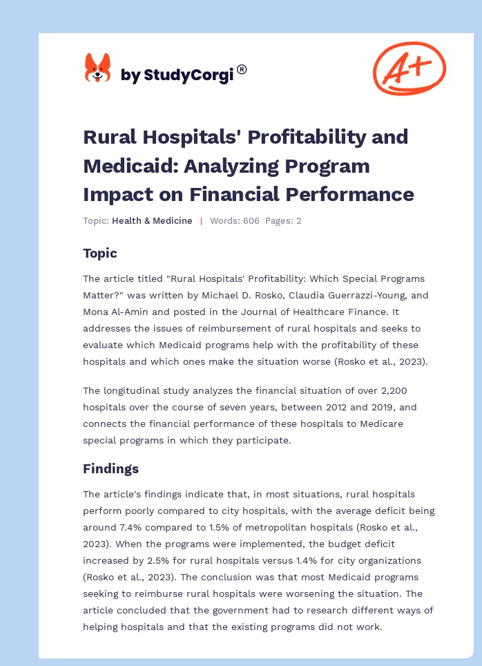 Rural Hospitals' Profitability and Medicaid: Analyzing Program Impact on Financial Performance. Page 1