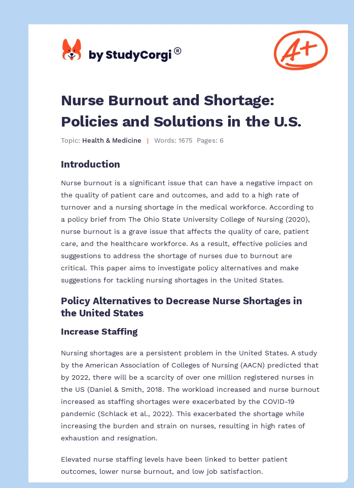 Nurse Burnout and Shortage: Policies and Solutions in the U.S.. Page 1