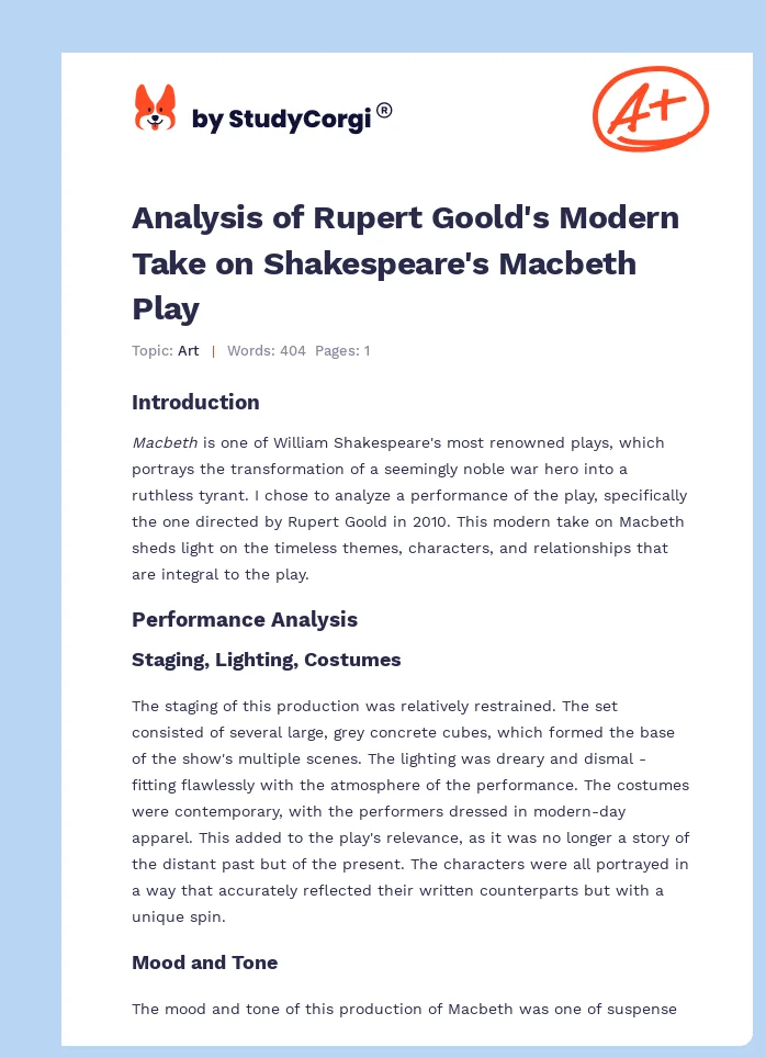 Analysis of Rupert Goold's Modern Take on Shakespeare's Macbeth Play. Page 1