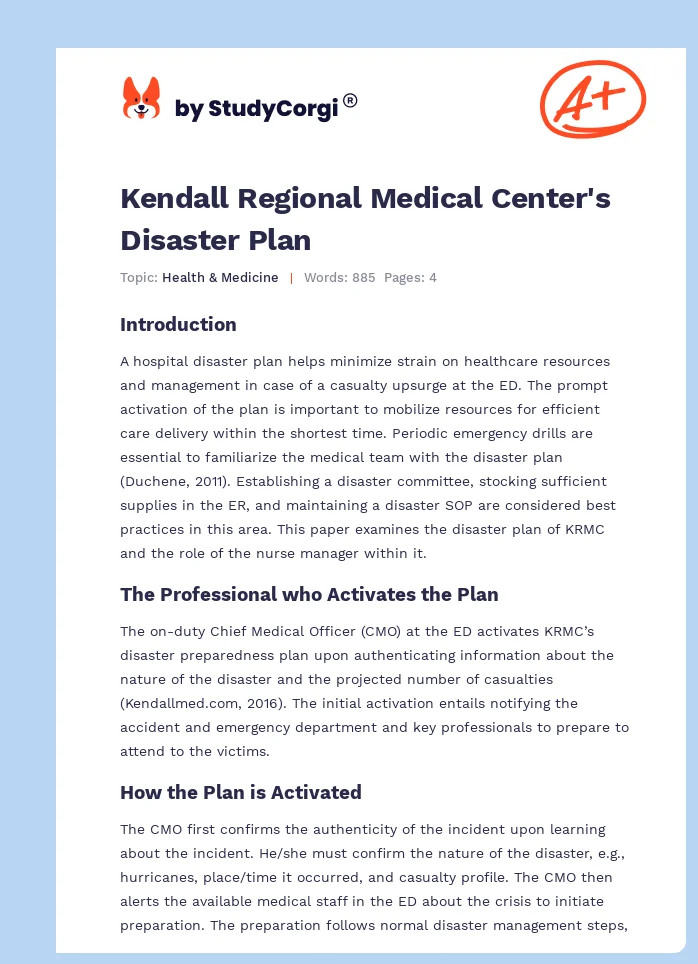 Kendall Regional Medical Center's Disaster Plan. Page 1