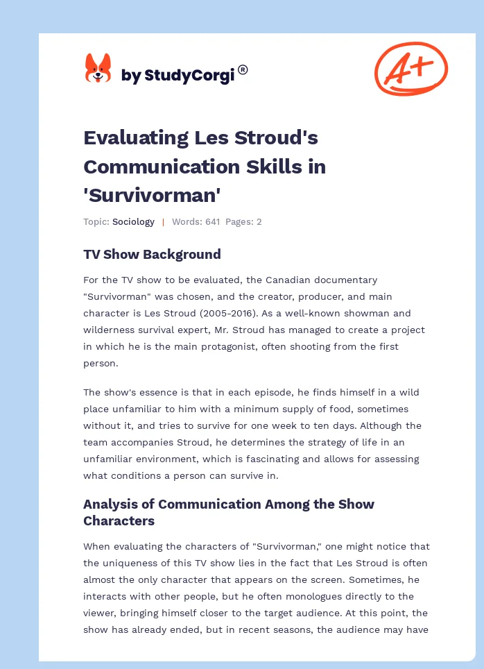 Evaluating Les Stroud's Communication Skills in 'Survivorman'. Page 1